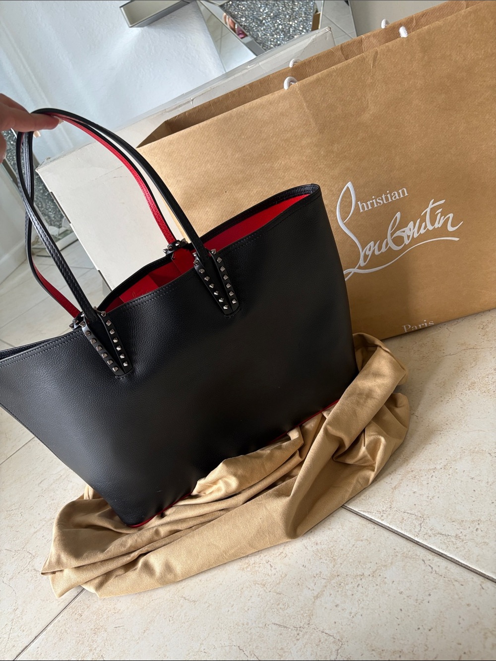 Christian Louboutin Black Leather Tote with Red Interior and Stud Accents